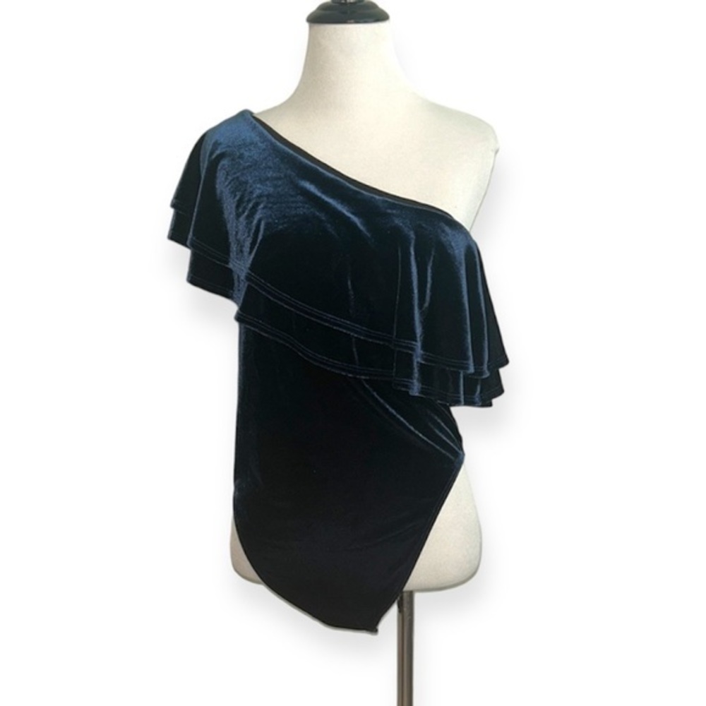 Good American women’s large navy blue ruffle one shoulder bodysuit‎